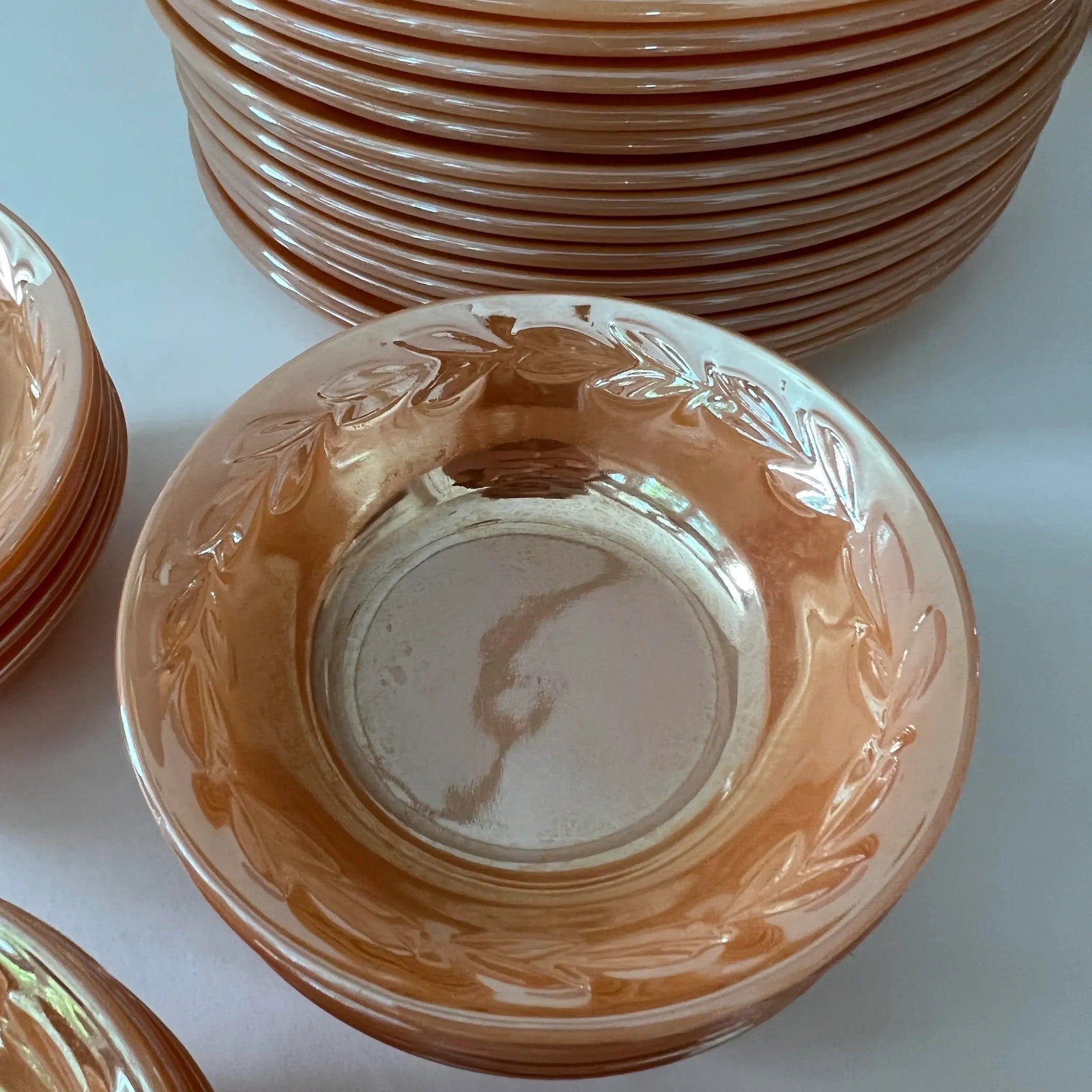 Mid-Century Iridescent Fire King "Peach Lustre" Dinnerware Set- 45 Pieces - 12