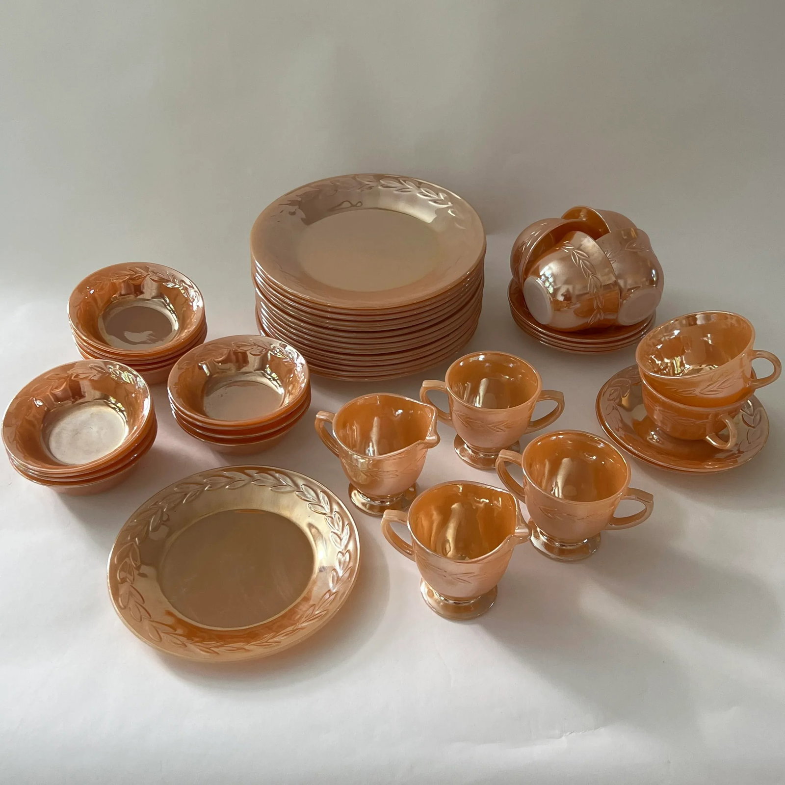 Mid-Century Iridescent Fire King "Peach Lustre" Dinnerware Set- 45 Pieces - 13