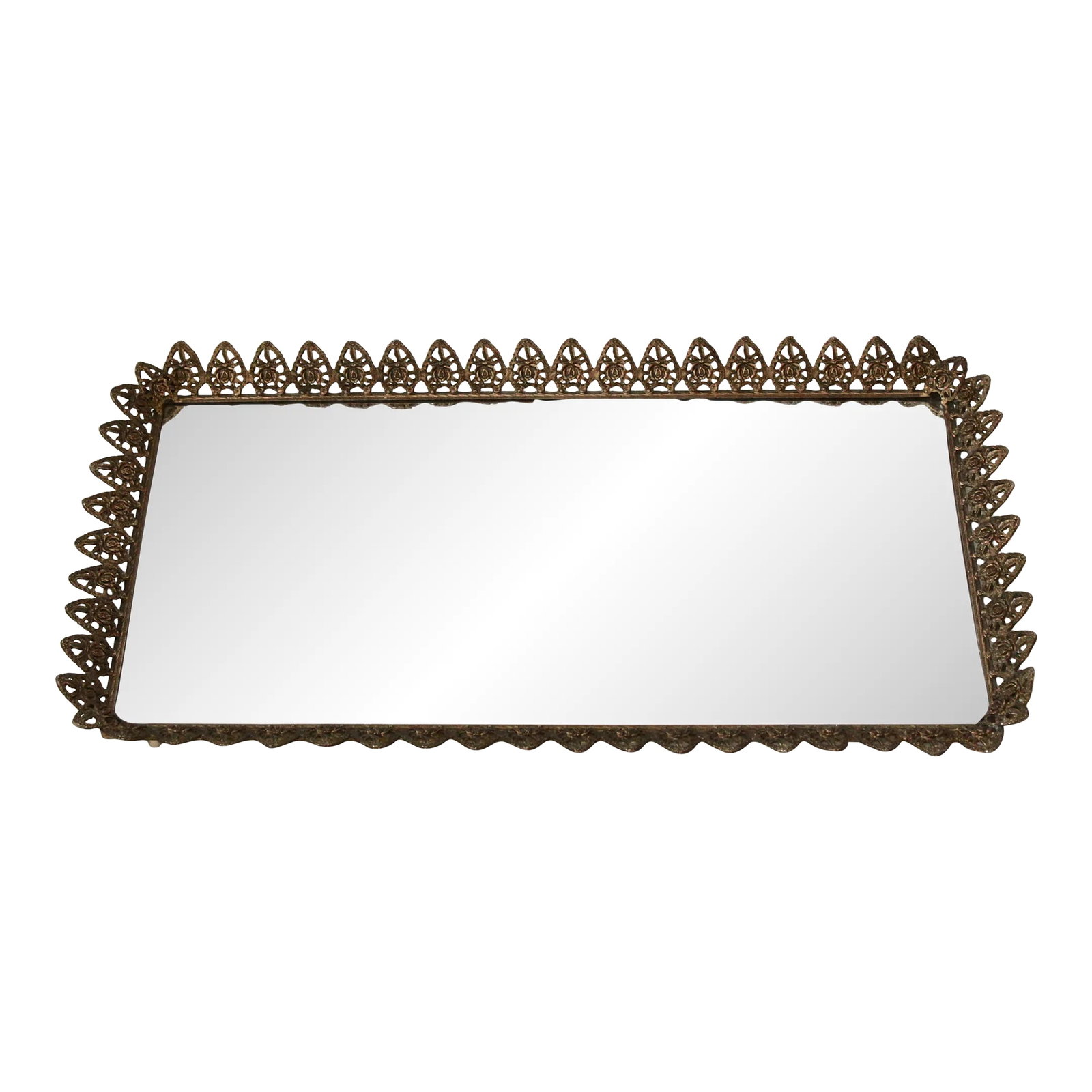 Vintage Mid Century Extra Large Gold Brass Finish Rectangular Mirror Vanity Tray Roses Hearts Detail (1 of 9)