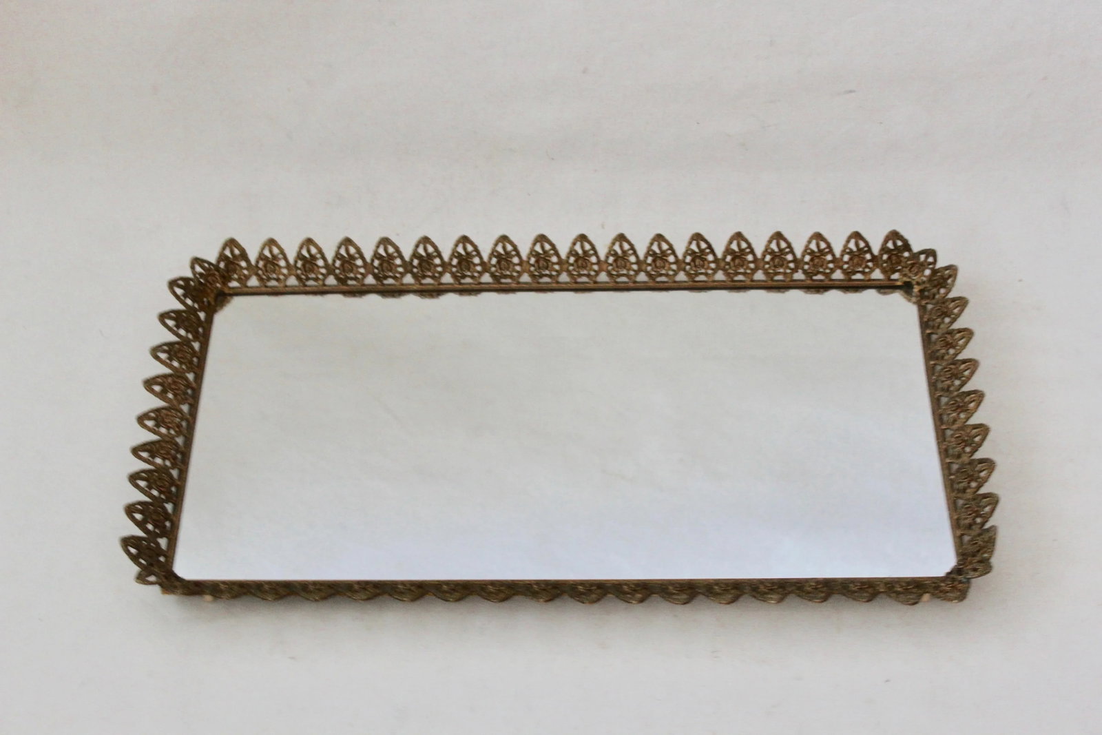 Vintage Mid Century Extra Large Gold Brass Finish Rectangular Mirror Vanity Tray Roses Hearts Detail - 2
