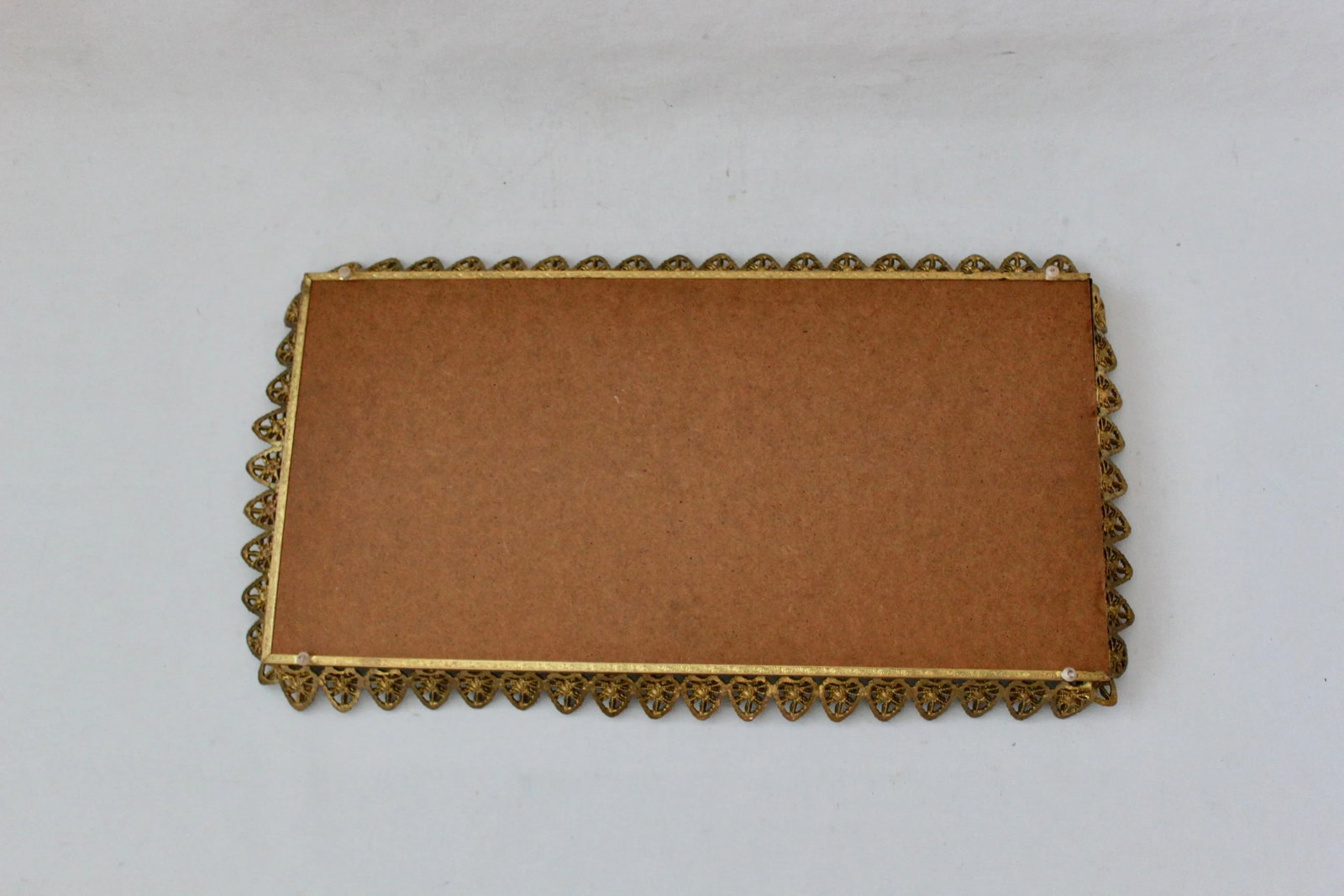 Vintage Mid Century Extra Large Gold Brass Finish Rectangular Mirror Vanity Tray Roses Hearts Detail - 5