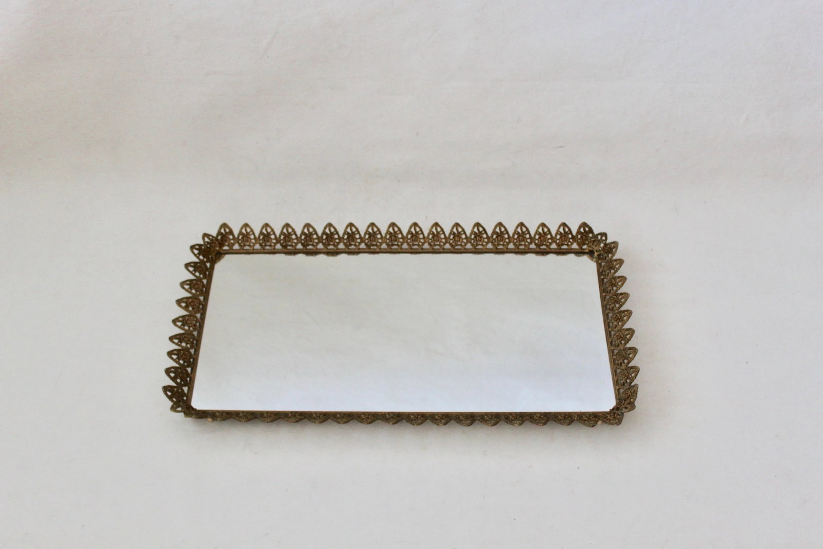 Vintage Mid Century Extra Large Gold Brass Finish Rectangular Mirror Vanity Tray Roses Hearts Detail - 6