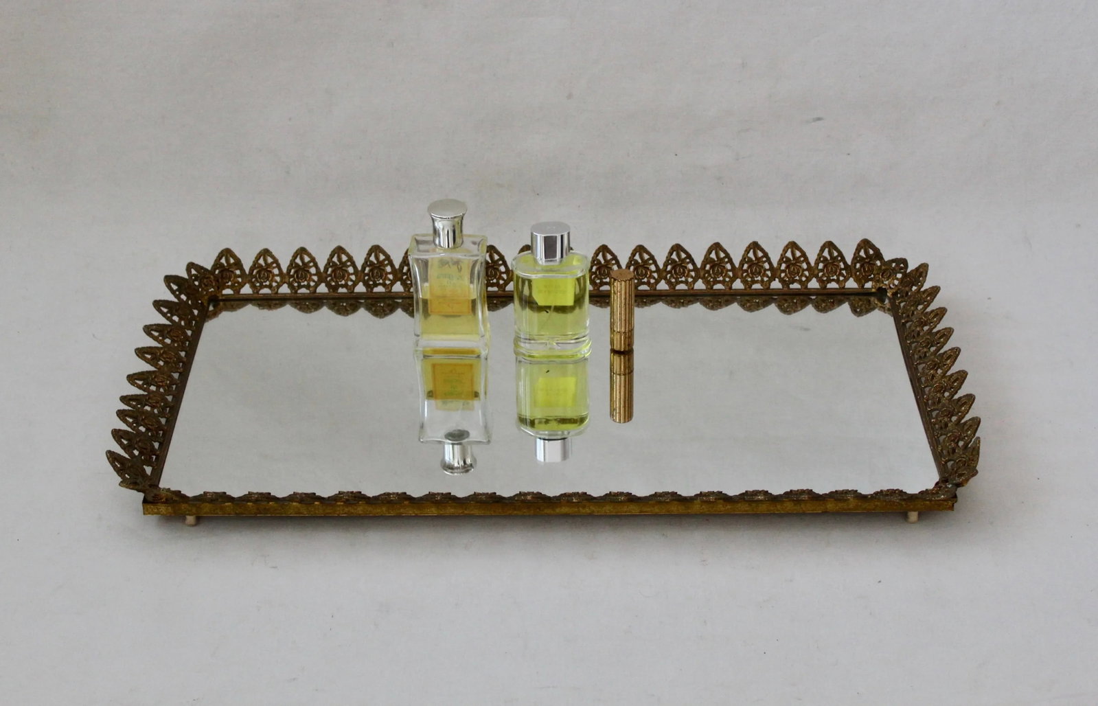 Vintage Mid Century Extra Large Gold Brass Finish Rectangular Mirror Vanity Tray Roses Hearts Detail - 7