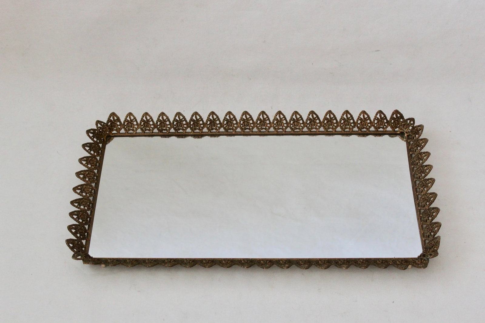 Vintage Mid Century Extra Large Gold Brass Finish Rectangular Mirror Vanity Tray Roses Hearts Detail - 8
