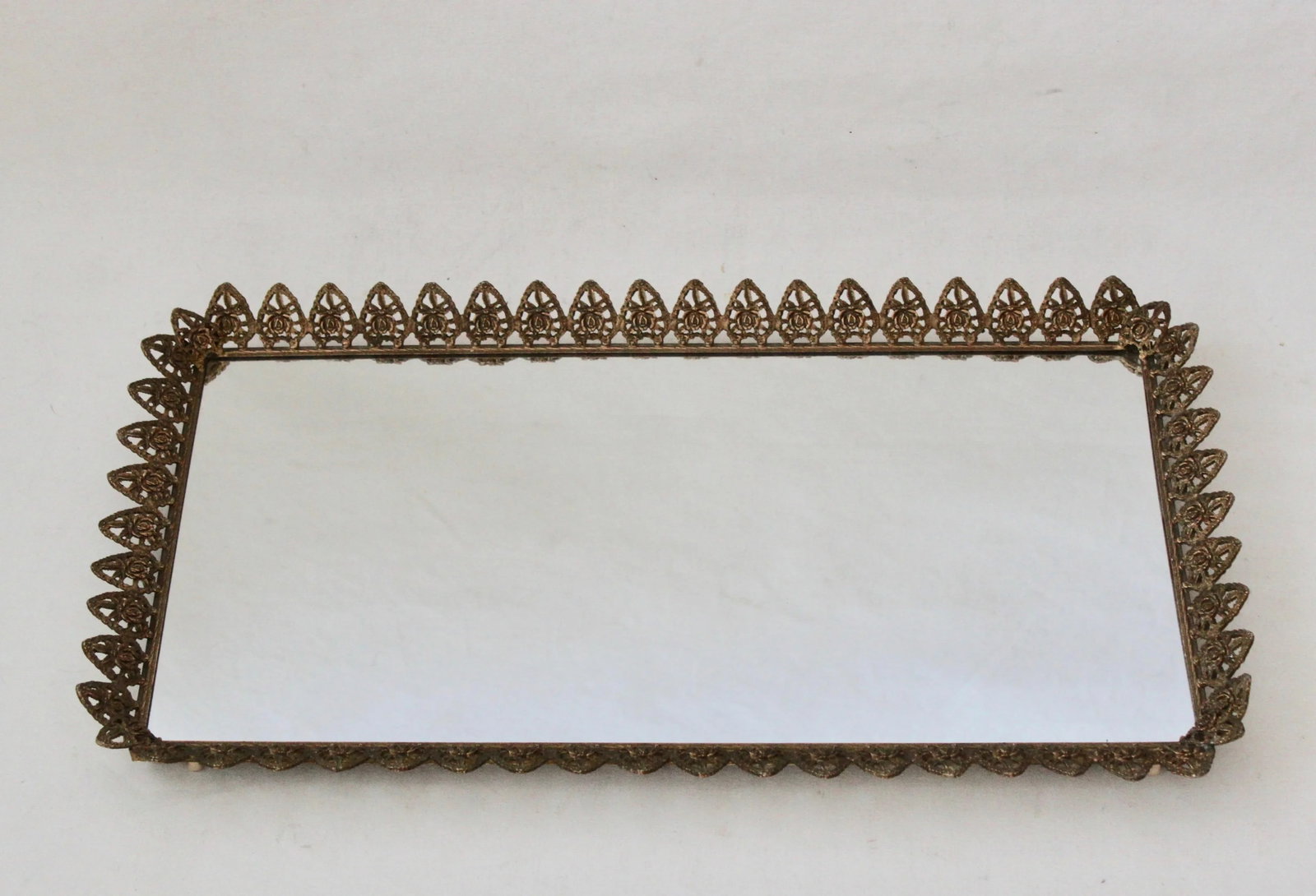Vintage Mid Century Extra Large Gold Brass Finish Rectangular Mirror Vanity Tray Roses Hearts Detail - 9