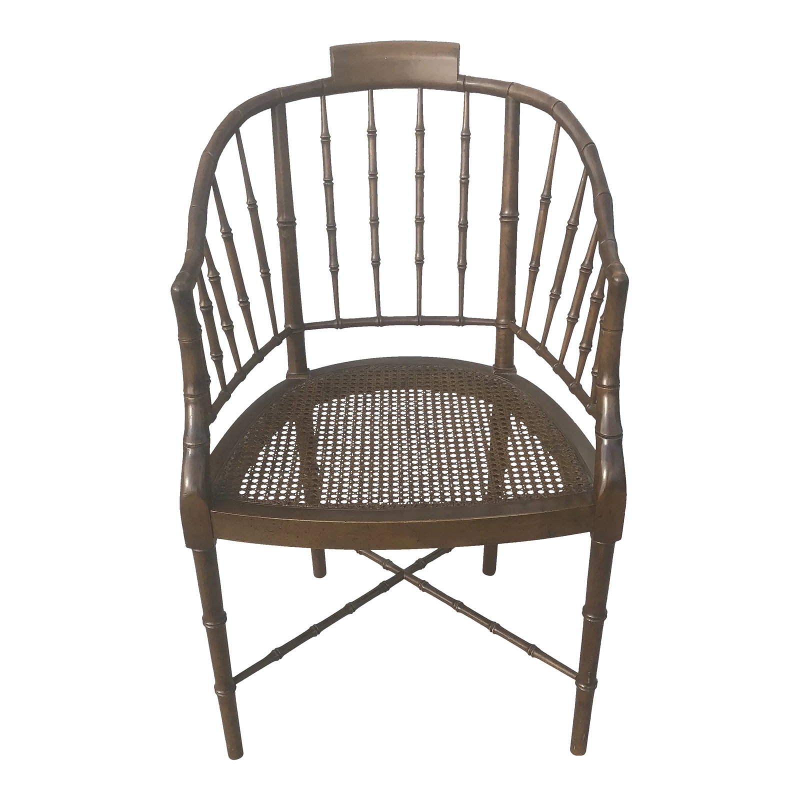 Vintage Mid-Century Baker Furniture Faux Bamboo and Cane Side Chair: This fantastic Baker Furniture Faux Bamboo and Cane Side Chair has an excellent Hollywood Regency, Boho, and Midcentury vibe. This was made in the USA in the 1960s and is a dark brown color. Baker is 