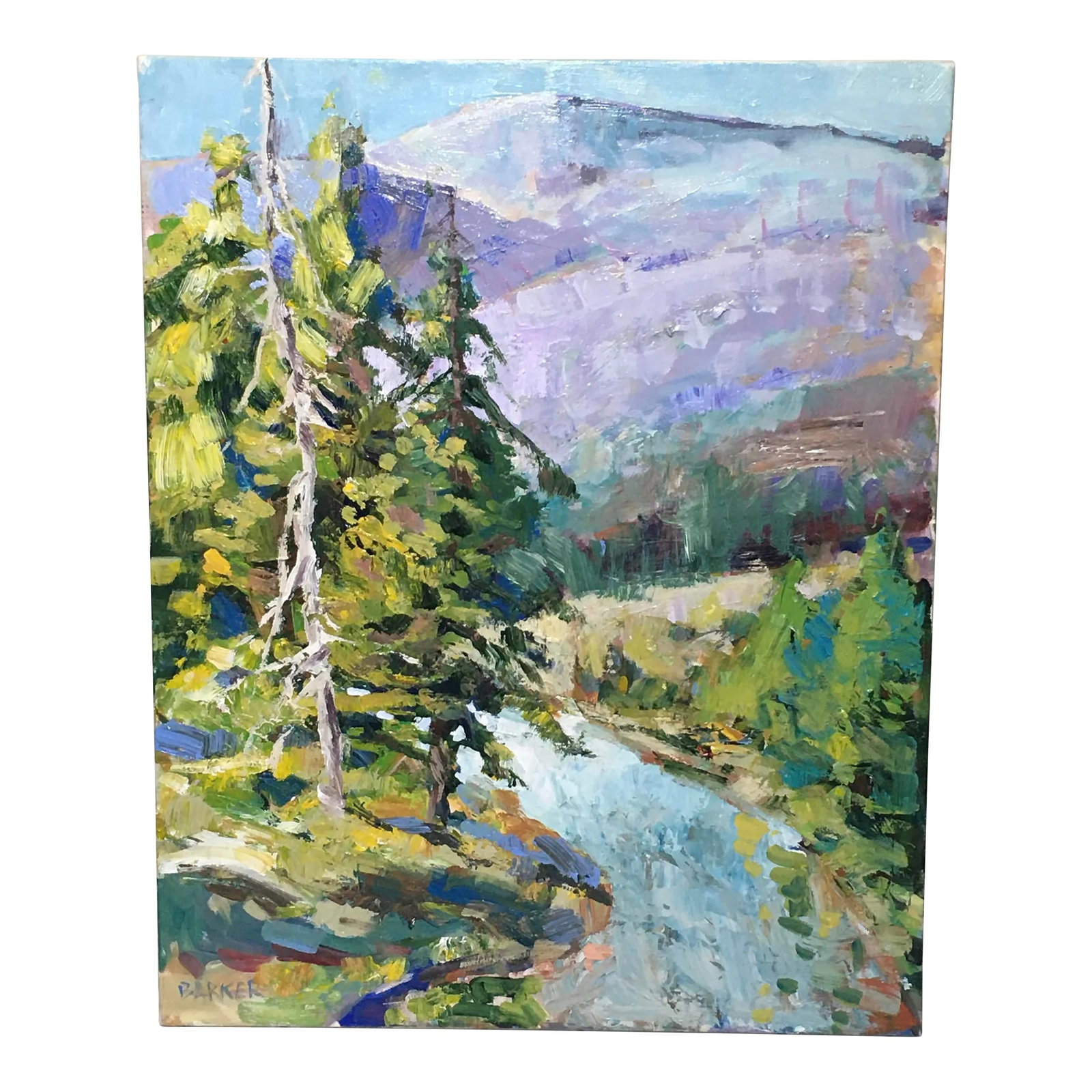 Contemporary Impressionist Mountain Landscape "Distant View" by Jim Barker: A contemporary oil on canvas painting, titled "Distant View" by Jim Barker. Condition: Alterations: Original Condition Unaltered Imperfections: Some Imperfections Condition Notes: Condition is excelle
