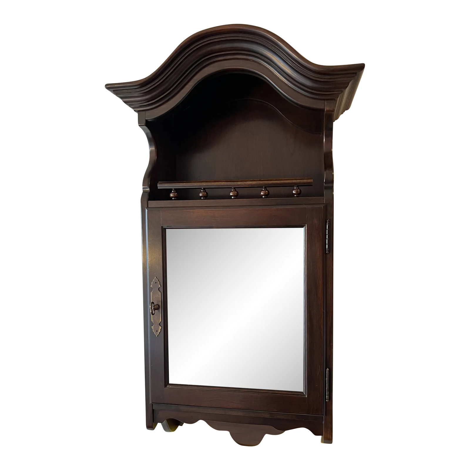 Late 20th Century Vintage Ethan Allen Wall Hanging Curio Display Cabinet With Interior and Open Top: Vintage Ethan Allen Wall Hanging Curio Display Cabinet With Interior and Open Top Shelves and Arched Top Molding. Front glass door that is secured and stays shut with magnet. Has along the bottom of t