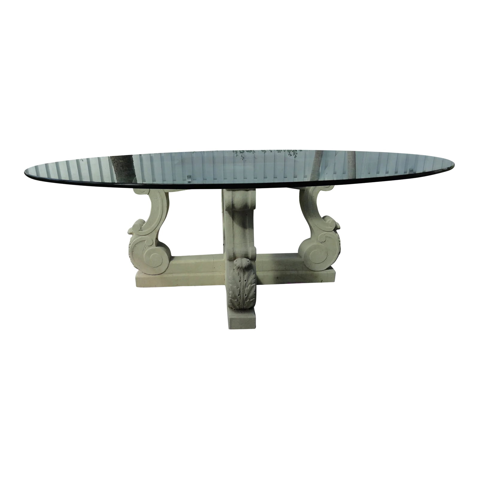 1980s Neoclassical Michael Taylor Four-Lyre Concrete Table Base: Classic concrete table base from Michael Taylor. Base designed to hold 84" marble or faux stone or wood top. Shown here with 84" round glass top (included). Base itself is 46" across. Square support