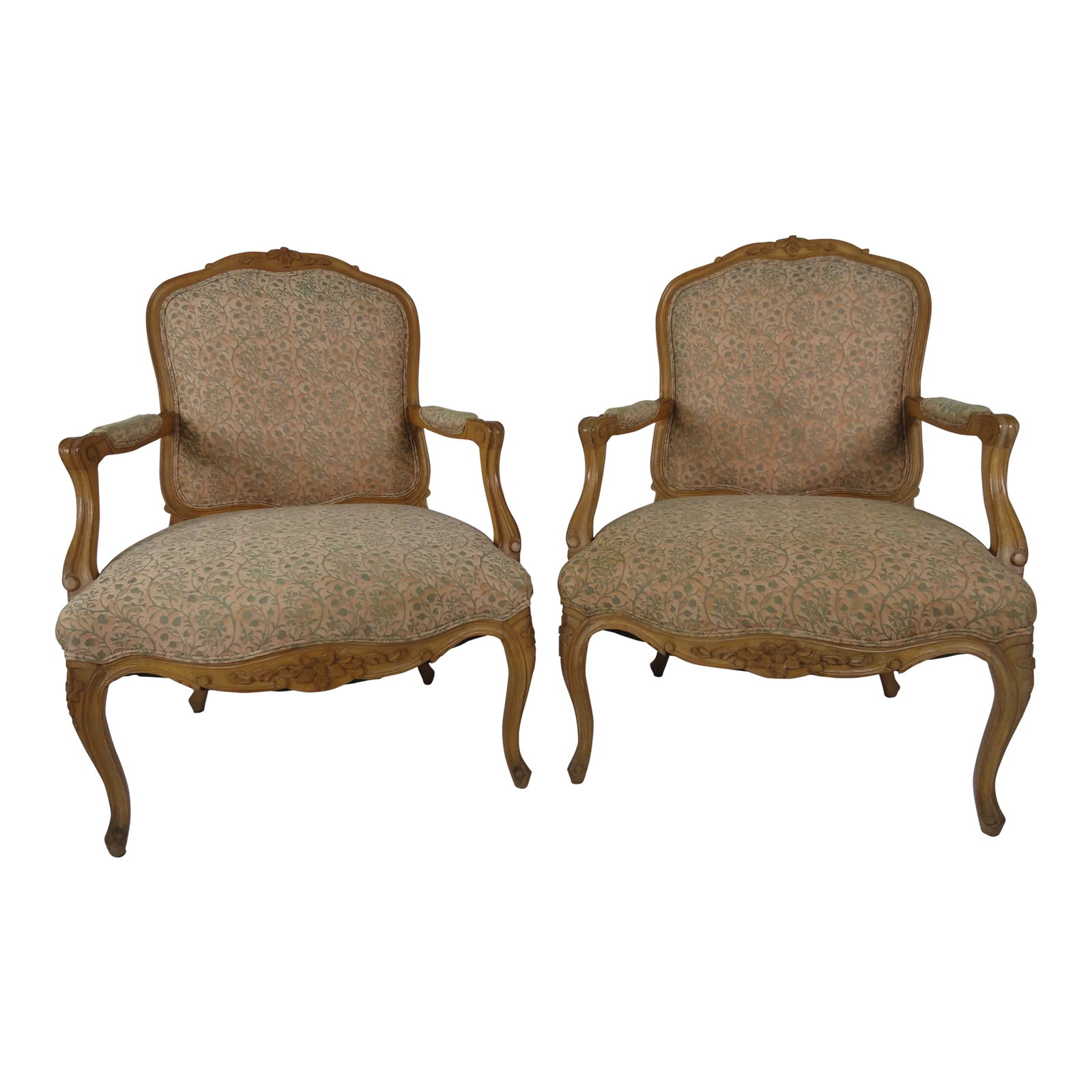 Vintage Mid Century Louis XV Style Beechwood Carved Fauteuils - a Pair: Pair of French open armchairs in the French Louis XV style. Cartouche shaped padded backs, padded down scrolled arms. Serpentine upholstered seats with curved detail on cabriole legs. Beautiful hand c