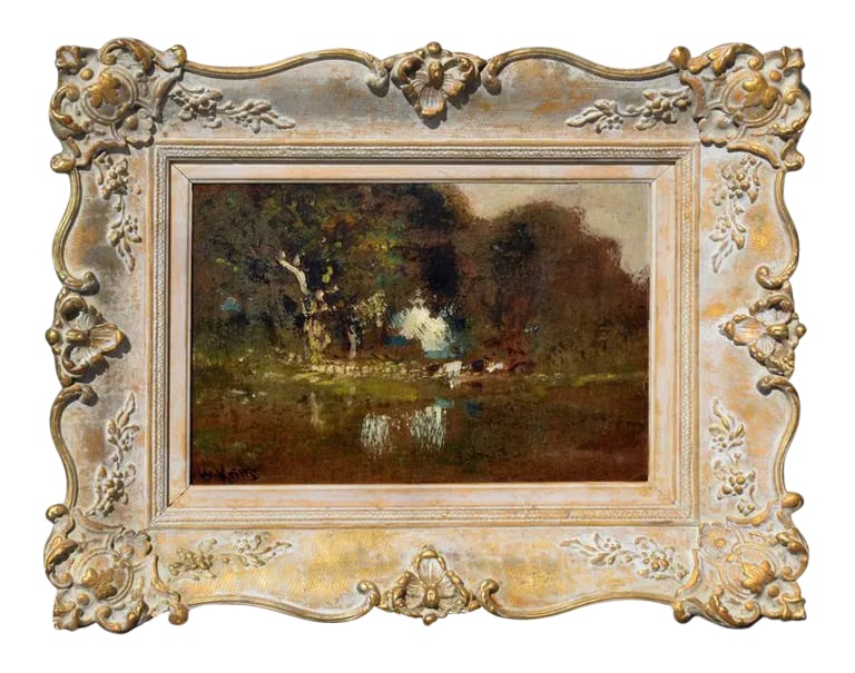 Cattle By Pond At Dusk: Gorgeous 19th Century landscape with cattle drinking in pond painting by William Keith (American, 1838 to1911), circa 1860. Signed lower left and museum label on verso. Provenance: Mrs Eugene