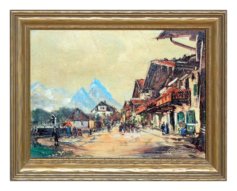 Village in the Swiss Alps by Otto Hamel: Substantial small painting of a Swiss Mountain village by Otto Hamel (German, 1866-1950). A German Expressionist he studied at the Royal Art School in Erfurt under Eduard von Hagen & Hans Semper,
