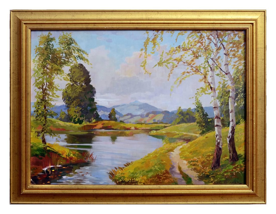 Mid Century Serene Lake Oil Paining by Karl Lechner - 2