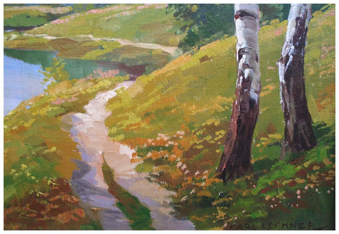 Mid Century Serene Lake Oil Paining by Karl Lechner - 3