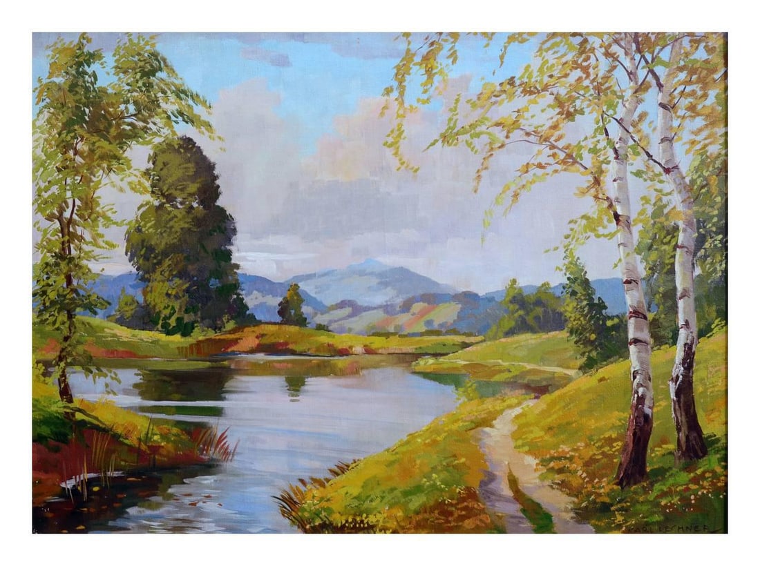 Mid Century Serene Lake Oil Paining by Karl Lechner - 4