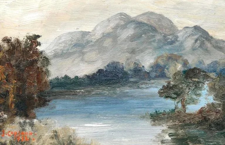 Early 20th Century "Scottish Reflections, Ben Venue and Loch Achray Scotland" Landscape Oil Painting - 3