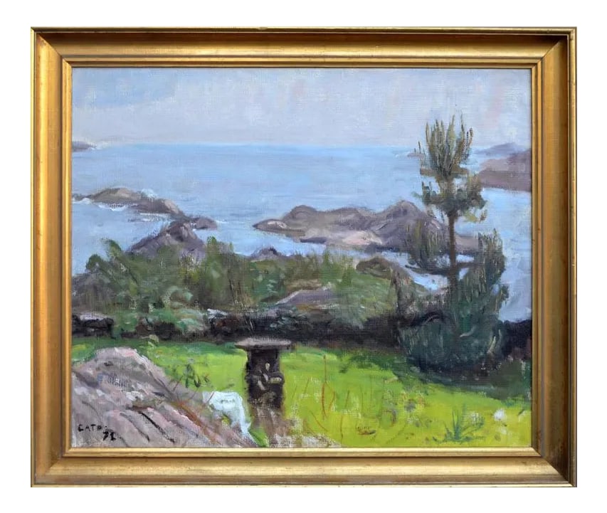 1970s Coastal Scene Landscape Oil Painting, Framed: Primitive oil on artist board coastal painting. Presented in a giltwood frame by Hendrik Jan Ten Cate (Netherlands, 1867 - 1955). Signed "Cate" bottom left and dated "26 (1926)." Image, 20"H x 24"L.