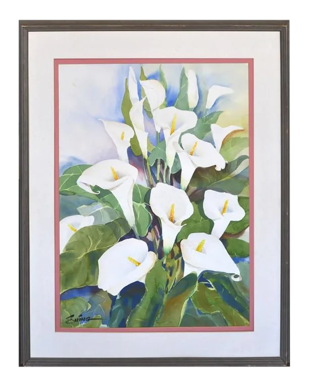 Calla Lilies Watercolor: Large-scale watercolor painting of calla lilies. Signed "Ewing" lower left. Displayed in a rustic wood frame with gray stain. Shipped without glass. Mat board has some light foxing and should be