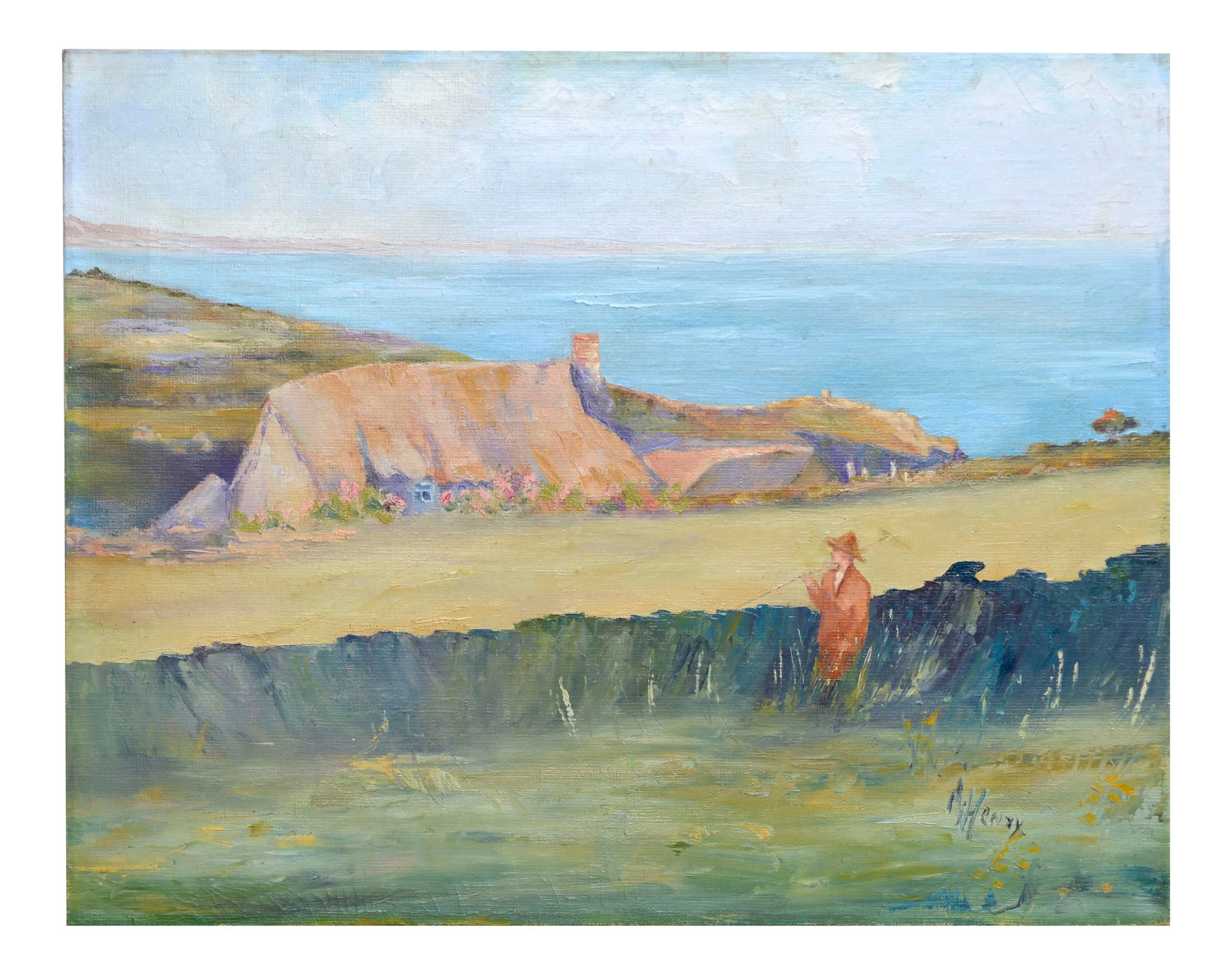 Early 20th Century "Home on the Coast Brittany, France" Expressionist Style Landscape Oil Painting: Beautiful Brittany, France coastal landscape depicting a cottage and a lone farmer by Aime Henry (French, 20th Century),circa 1920. Signed "A. Henry" lower right. Unframed. Image, 16"H x 20"L.