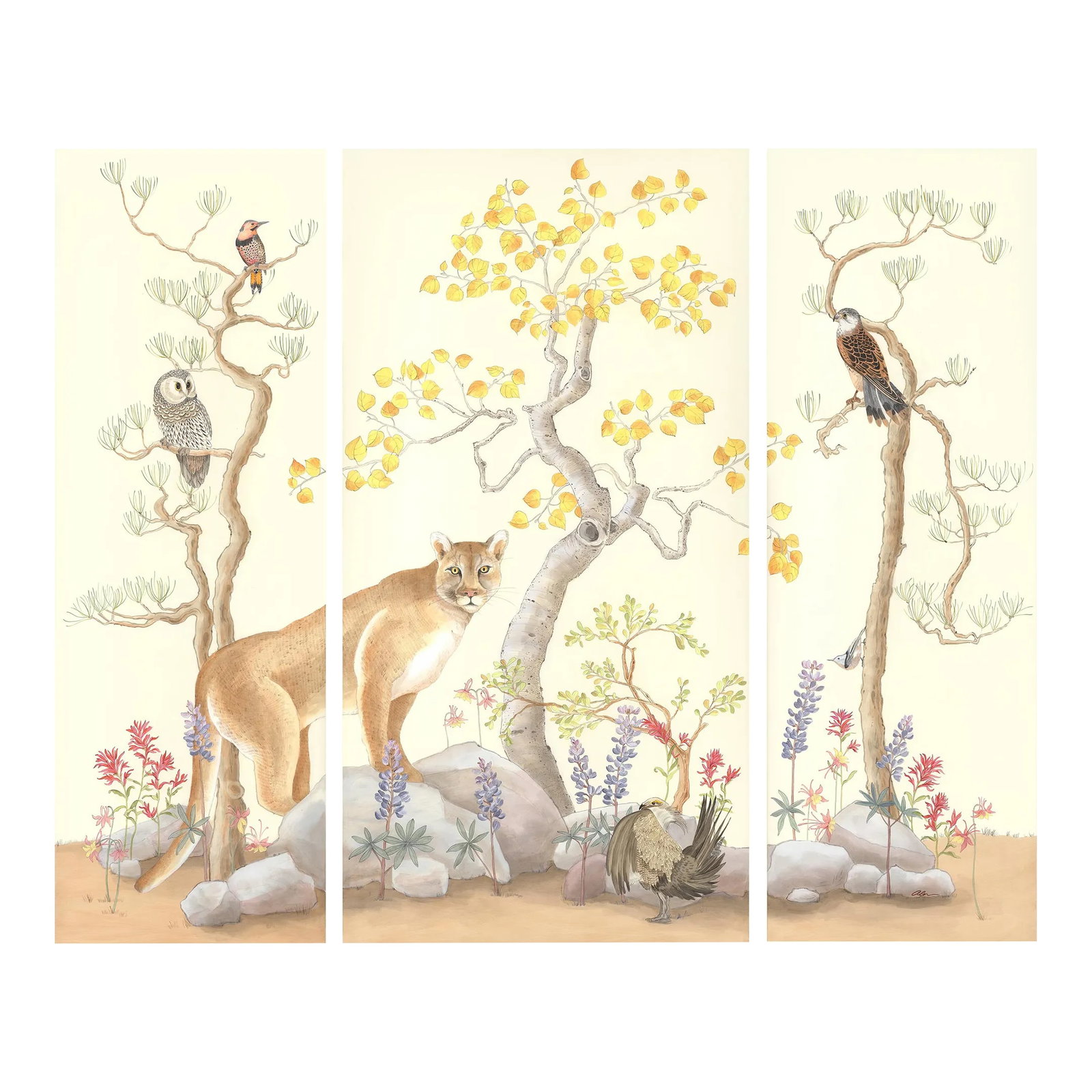 "Mountain Time" Scenic Mountain Landscape Painting by Allison Cosmos: "Mountain Time" is an original triptych painting of a scenic mountain landscape on canvas! Escape into the mountains and find a kestrel, an owl, a sage grouse, a woodpecker and of course a mountain