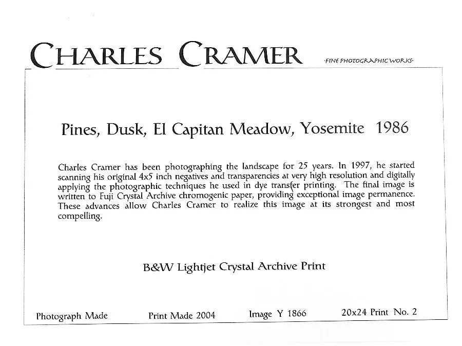"Pines, Dusk, El Capitan Meadow, Yosemite 1986" Landscape Photograph Print Numbered 2/100 by Charles - 3