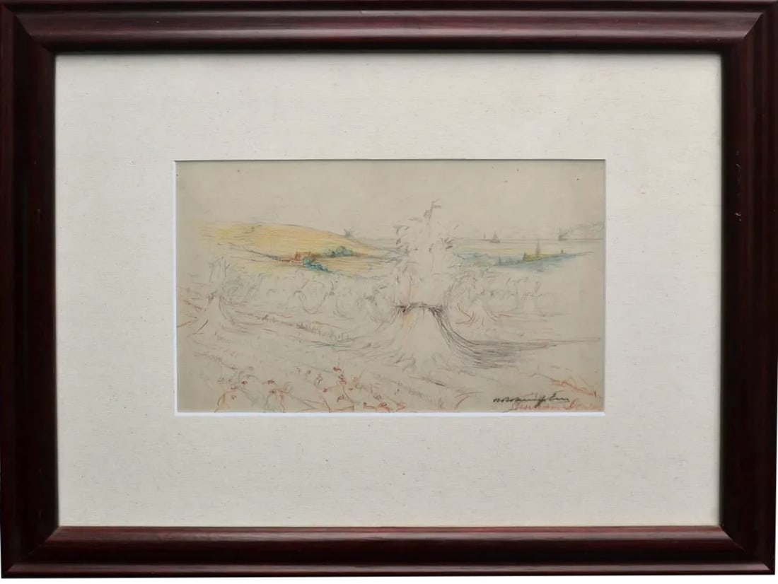 Shoreham Downs: Lovely colored pencil landscape sketch of Shorham Downs, United Kingdom. Circa 1930. Signature in lower right corner is illegible. Displayed in a wood frame with linen matting. Image, 9"H x 13"L.