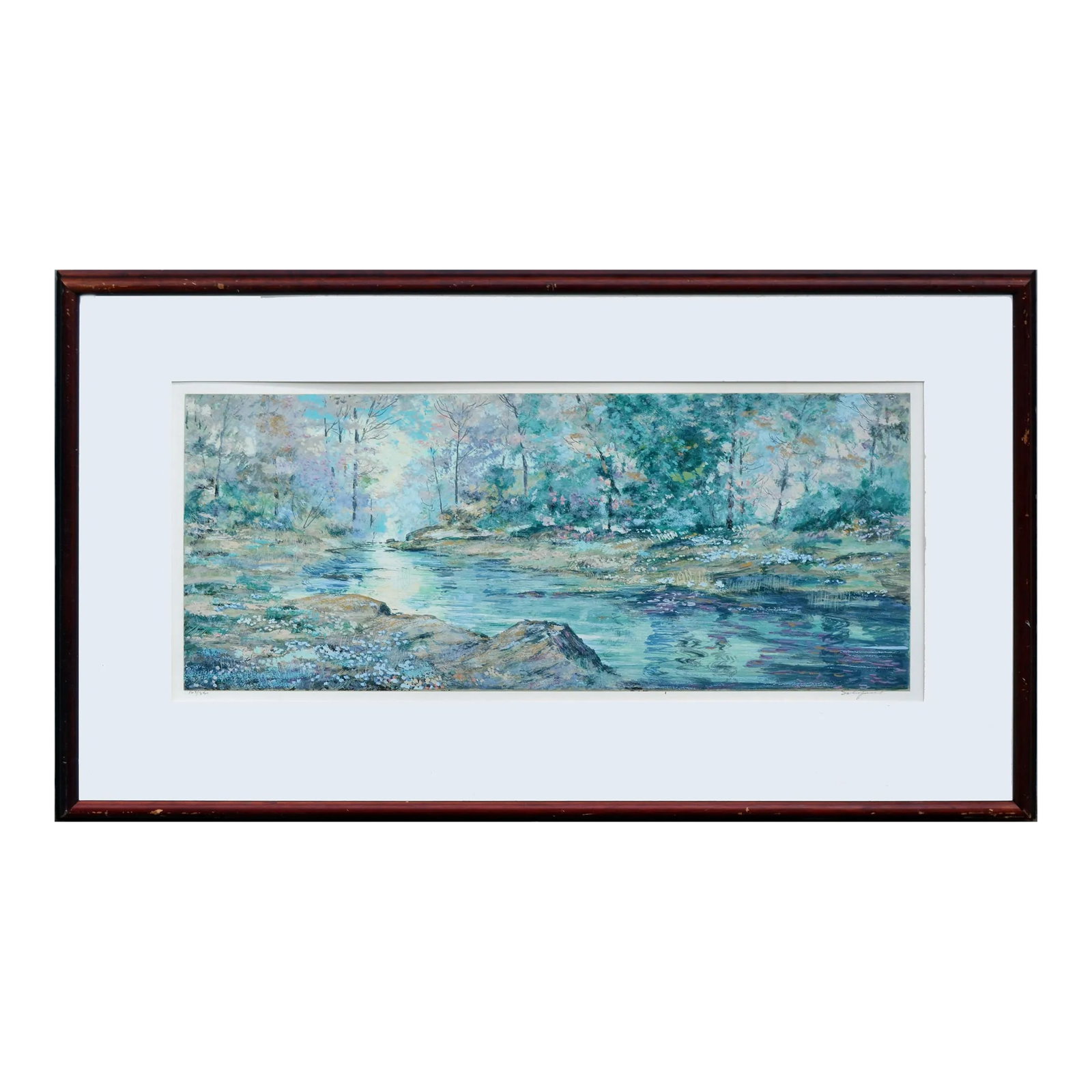 Flower Song Landscape by Michael Schofield: Flower song, a beautiful landscape lithograph in soft tones by Michael Schofield (American, b. 1947). Presented in a wooden frame. Signed "Schofield" lower right and numbered "165/350" lower left. Ima
