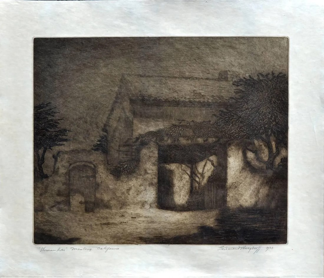 Ferdinand Burgdorff "Old Sherman Rose House" 1926 Etching: Beautiful early 20th Century etching on vellum of the Monterey Bonifacio Adobe known as The Old Sherman Rose House, with climbing Roses by Ferdinand Burgdorff. Titled, signed and dated lower edge.