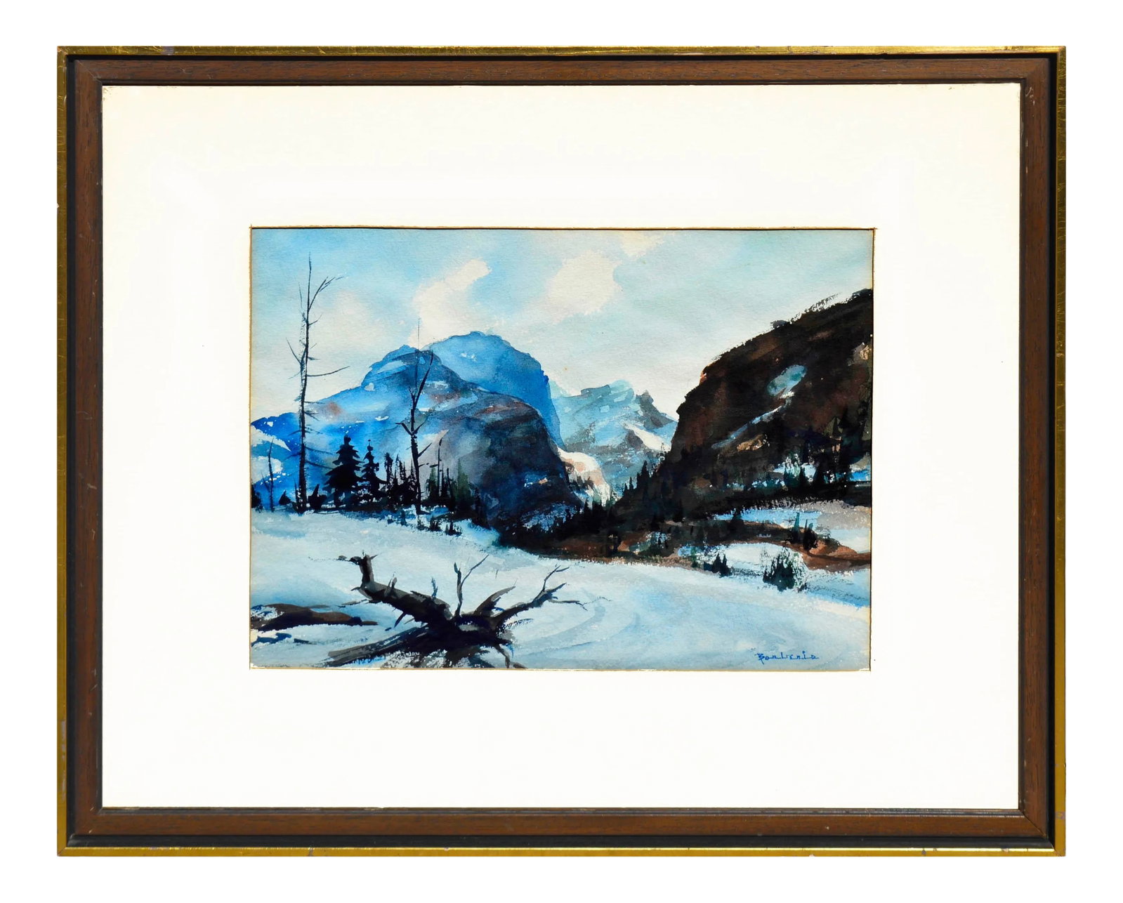 1970s "Yosemite Winter" Landscape Watercolor Painting, Framed: Yosemite winter, a watercolor landscape painting by Dorothy Watkeys Barberis (American, 1918-1998). Dorothy Barberis was born on September 20, 1918 in Newport News, Virginia. National Association