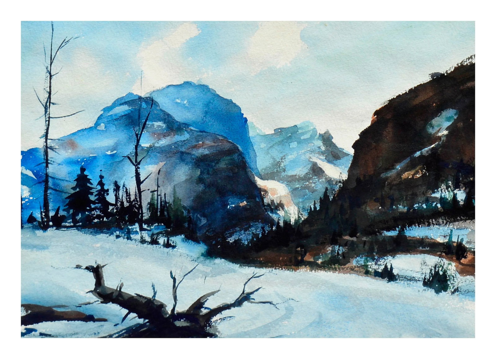 1970s "Yosemite Winter" Landscape Watercolor Painting, Framed - 4