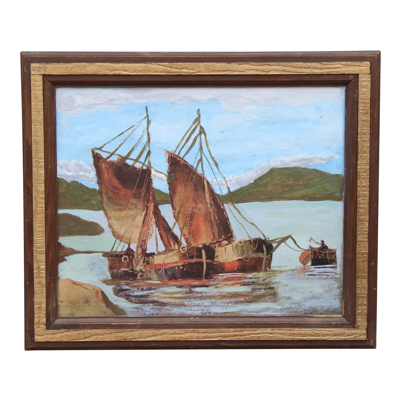 Vintage Nautical Sailboat Original Oil Painting: A stunning vintage original oil painting on board, circa 1960. This is a superb work of art depicting sailboats and coastal scenery. The colors are bright and lovely. The frame has a gold gilded