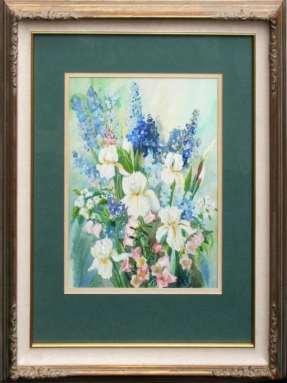 White Iris in Bouquet by Harriette Gale: Watercolor of a white iris bouquet by Harriette Draper Gale (American, b.1889). Giltwood frame, linen liner, and gold fillet. Signed lower right. Image, 16"H x 13.25"L. She was active/lived in