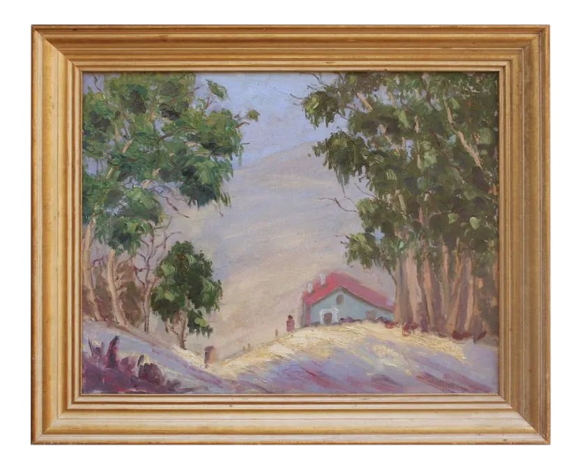 1960s "Morning Sunrise Laguna Hills" Landscape Oil Painting, Framed: Beautiful California plein air landscape painting of the morning sun glistening on the mountain tops and surrounding eucalyptus trees in Laguna Nigel. Unsigned. Rustic period giltwood frame.