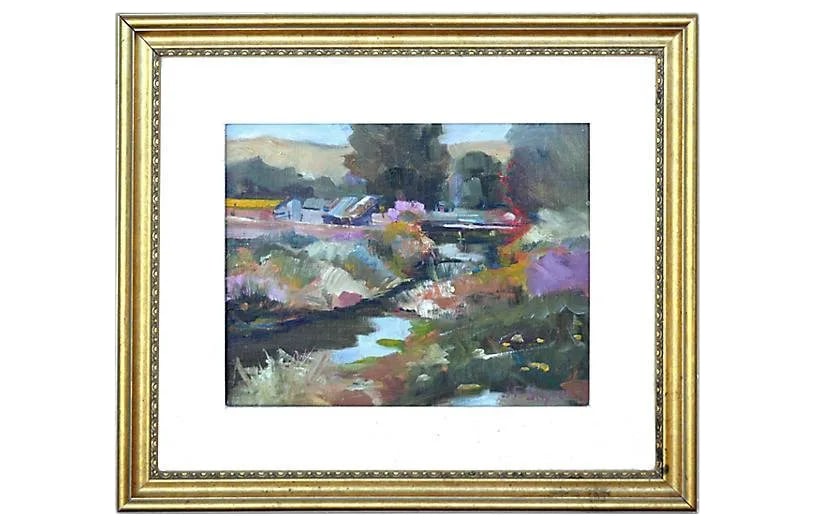 Monterey Bay Creek Oil Painting by j.f. Synder: Gorgeous California plein air painting by J.F. Synder (American, 20th Century), circa 1980. Signed lower right corner. Image size: 11"H x 17"W. Condition: Alterations: Original Condition Unaltered
