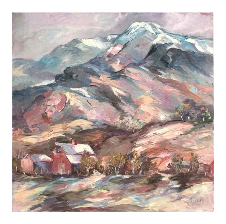 Majestic Mountaintops: Stunning snow capped mountaintops with purple hues and farm scene by M. Ciraulo (American, 20th century). Signed "M. Ciraulo" lower right corner. Unframed. Image, 24"H x 24"W. Condition: Condition