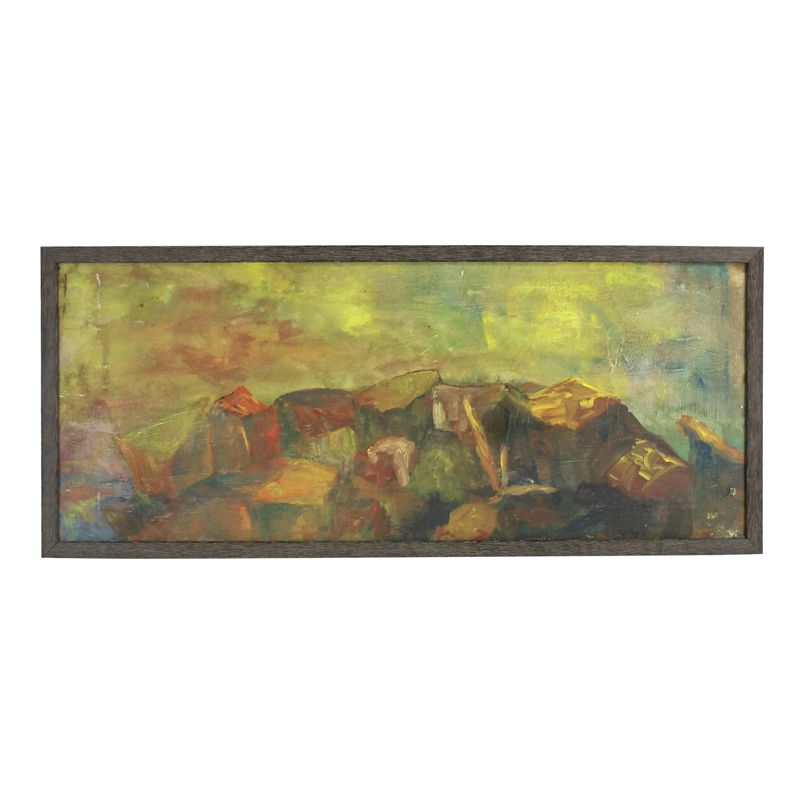 Vintage Wide Abstracted Mountain Landscape Oil Painting: Lovely oil painting of a lightly abstracted mountainous landscape, in soft earth tones. Has a wide set landscape orientation, giving it a panoramic feel to the piece. Professionally reframed with