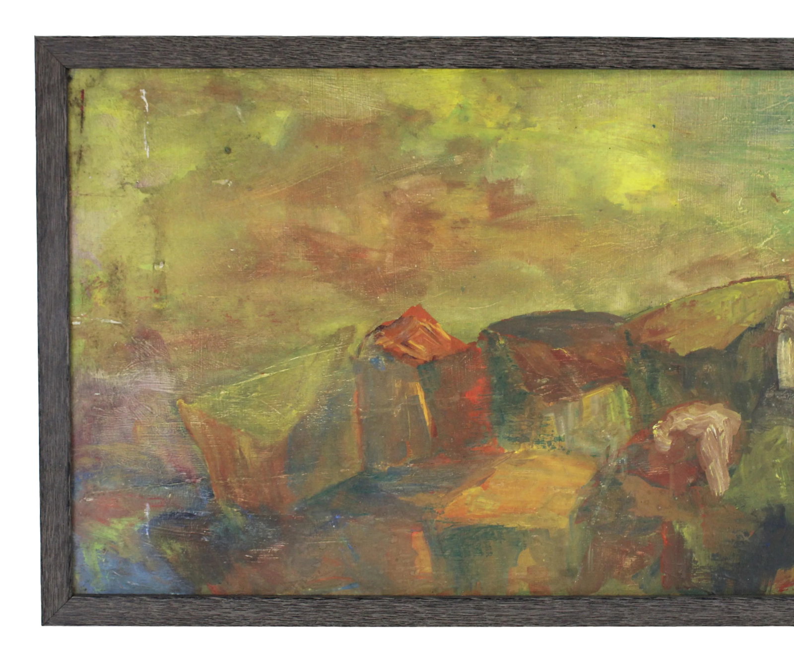Vintage Wide Abstracted Mountain Landscape Oil Painting - 3