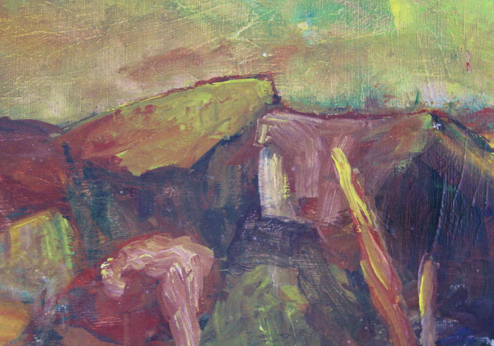Vintage Wide Abstracted Mountain Landscape Oil Painting - 6