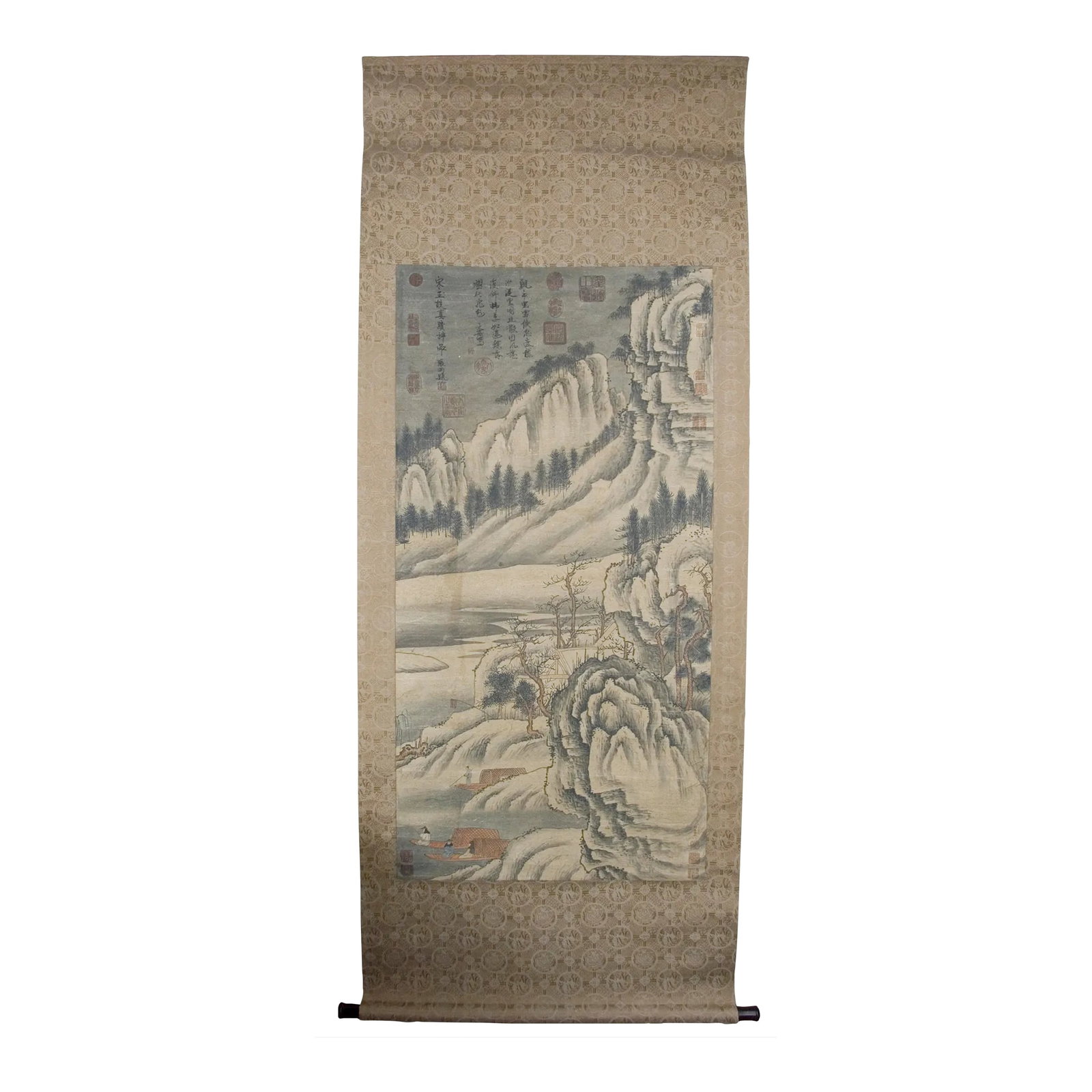 Early 20th Century Chinese Landscape Scroll: Chinese landscape scroll, freely drawn colored inks on heavy paper, mounted on a light and dark shimmering copper silk brocade in a dragon and fenghuang medallions lattice pattern, signed, with a