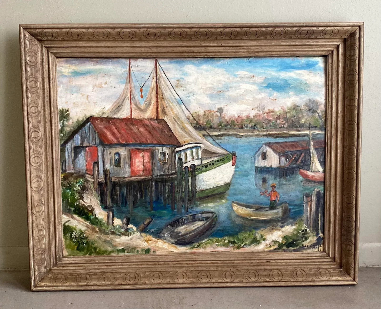 Vintage 1960s Harbor Scene Painting With Boats and Lobster Fisherman, Signed, Framed - 11