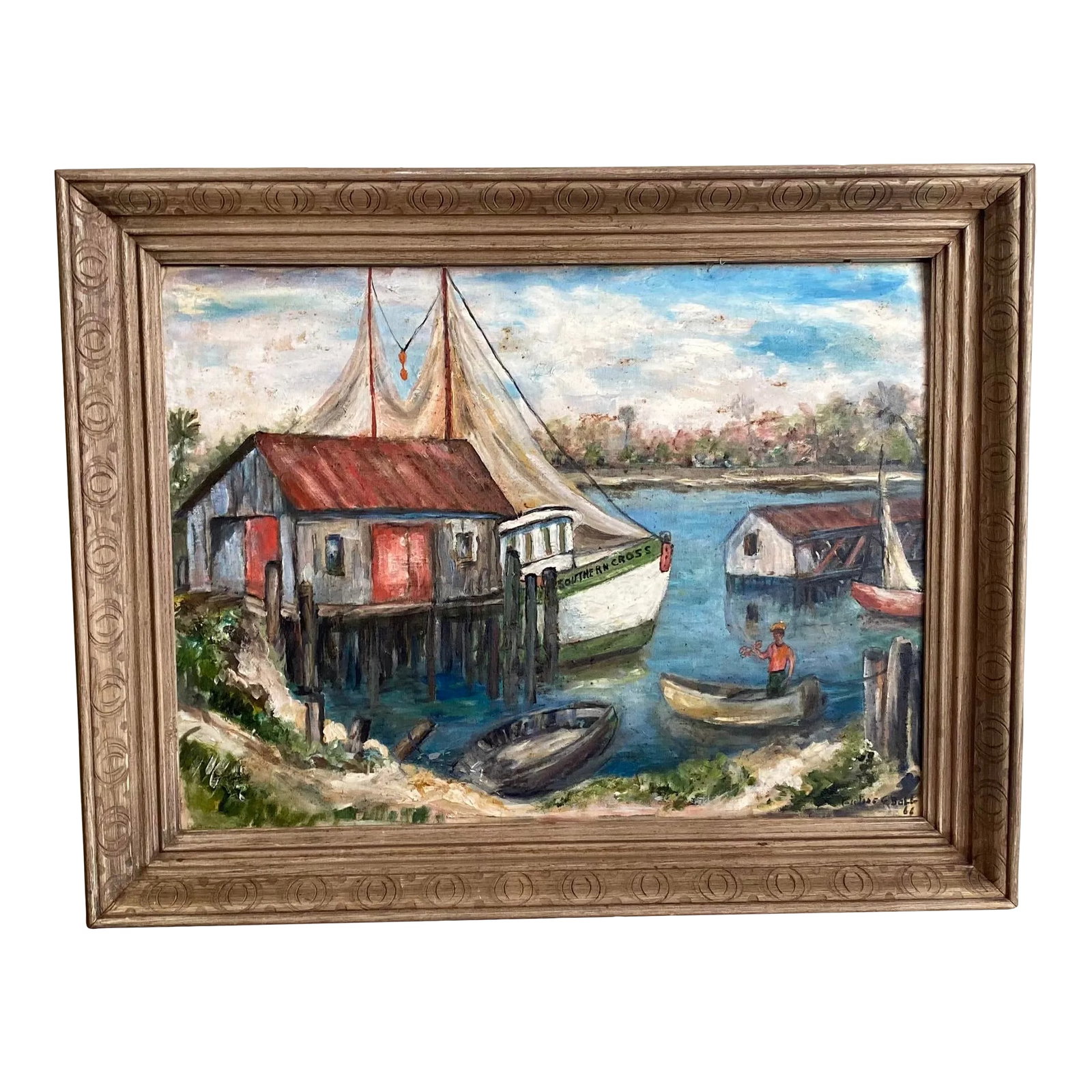 Vintage 1960s Harbor Scene Painting With Boats and Lobster Fisherman, Signed, Framed: A wonderful vintage harbor scene painting featuring lots of good detail, from the lobster fisherman and his shack to the boat named Southern Cross. Oil on panel measures 18" x 24", and with the