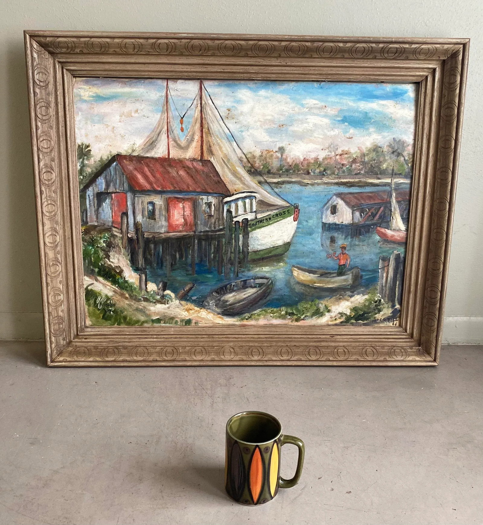 Vintage 1960s Harbor Scene Painting With Boats and Lobster Fisherman, Signed, Framed - 2