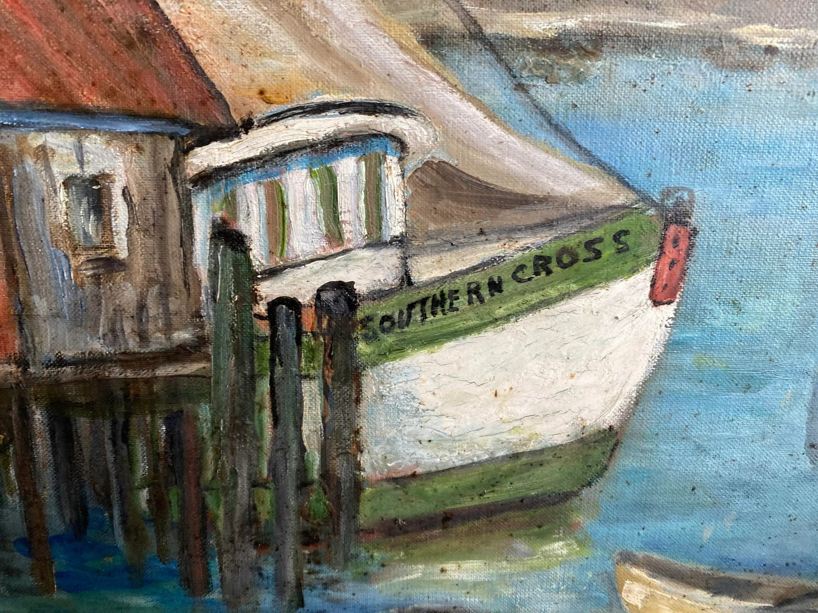 Vintage 1960s Harbor Scene Painting With Boats and Lobster Fisherman, Signed, Framed - 4