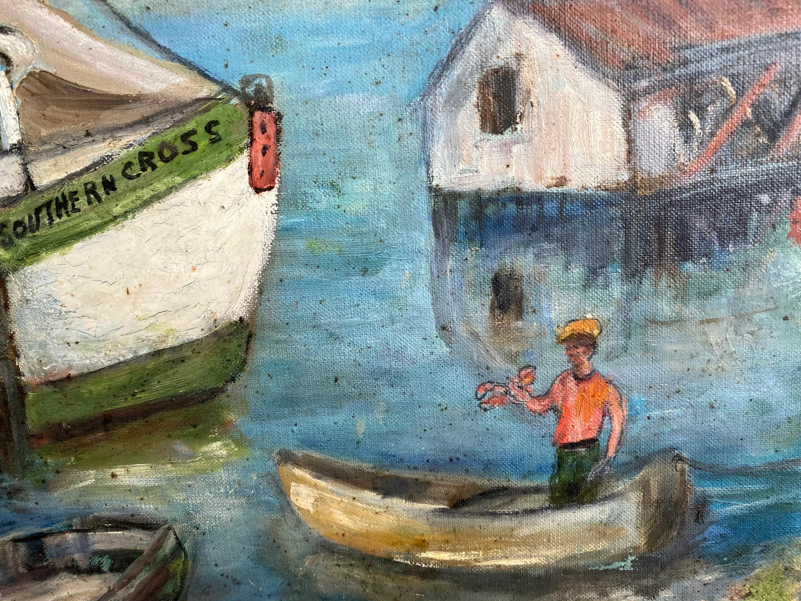 Vintage 1960s Harbor Scene Painting With Boats and Lobster Fisherman, Signed, Framed - 6
