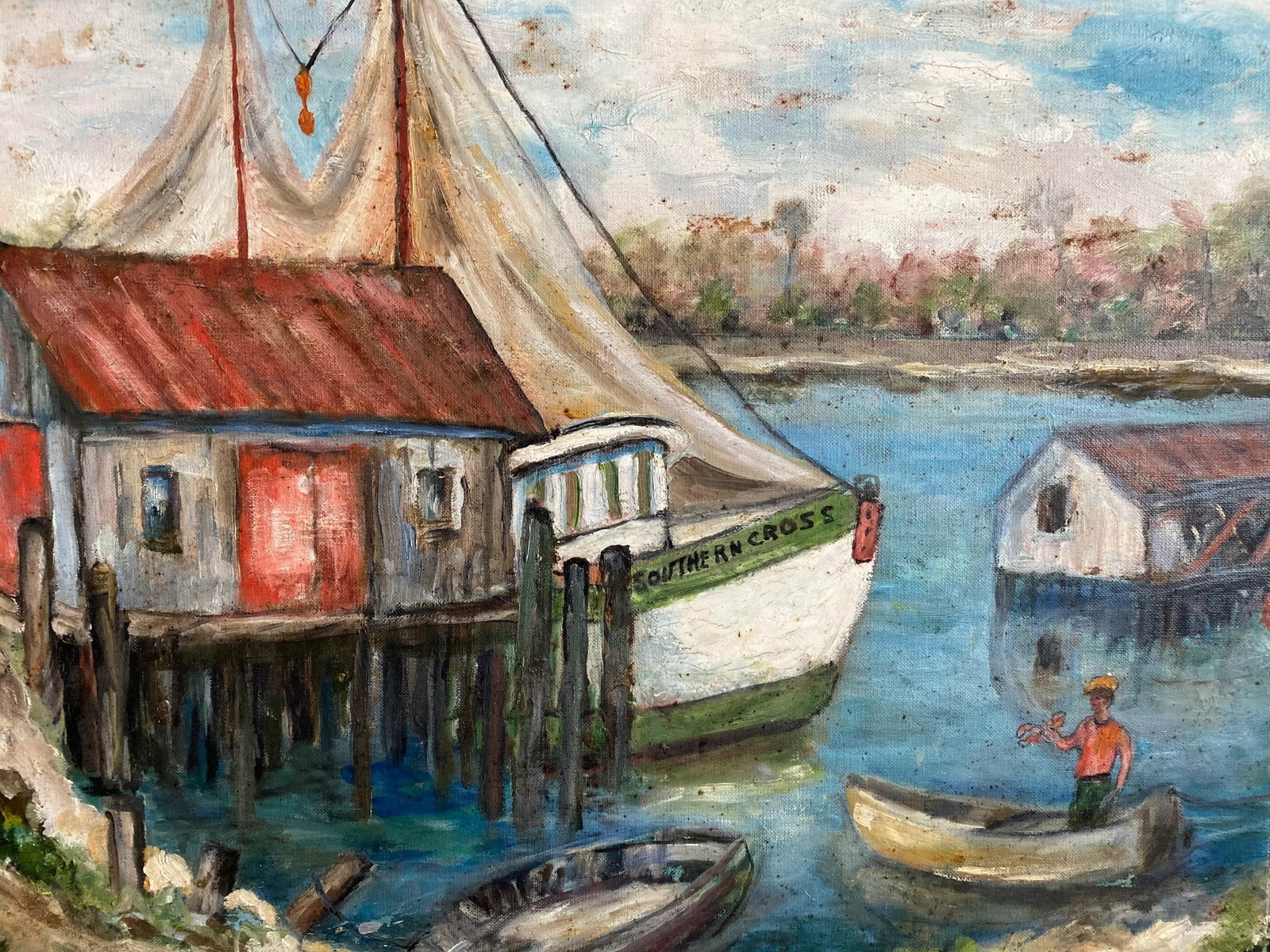 Vintage 1960s Harbor Scene Painting With Boats and Lobster Fisherman, Signed, Framed - 7