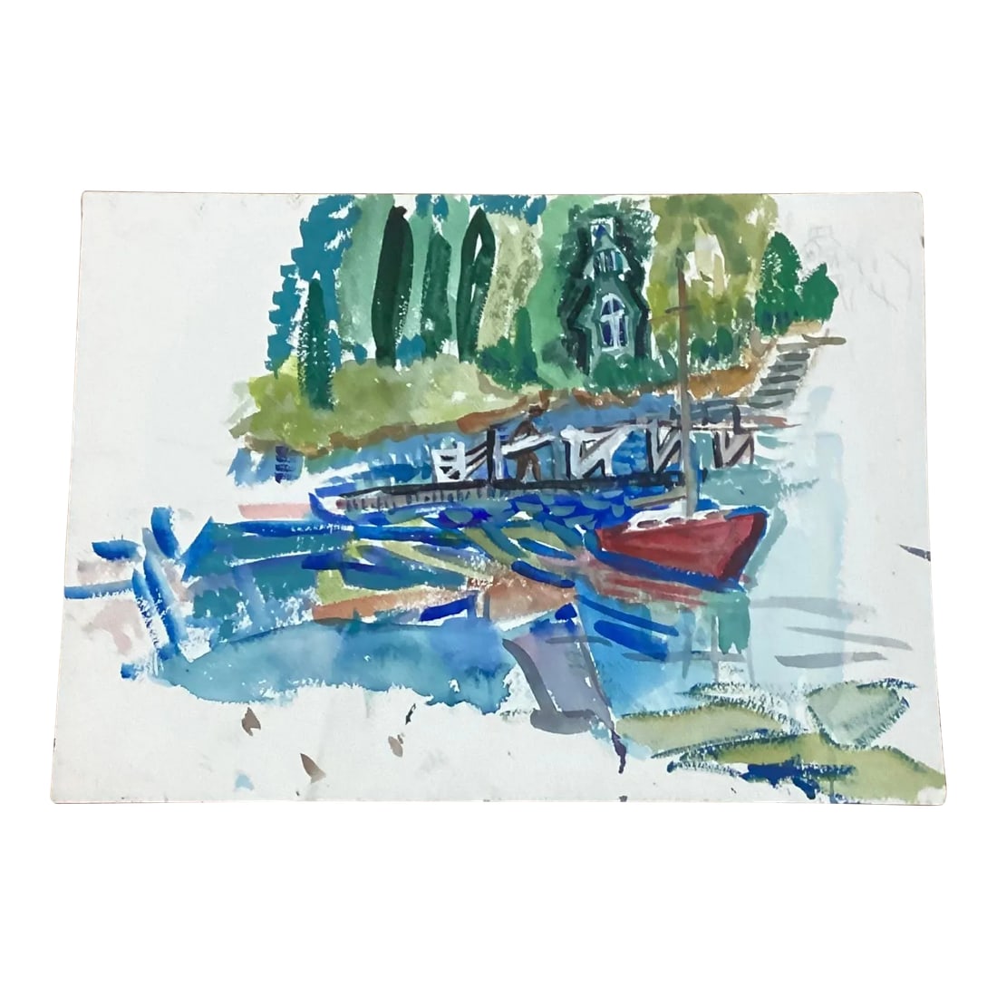 Mid 20th Century Landscape Painting Village Dock: A mid 20th century gouache/ watercolor on paper painting of a landscape with trees, a building, a figure on a dock with boat. This has good movement and stylistic quality. Loose edges with some pencil