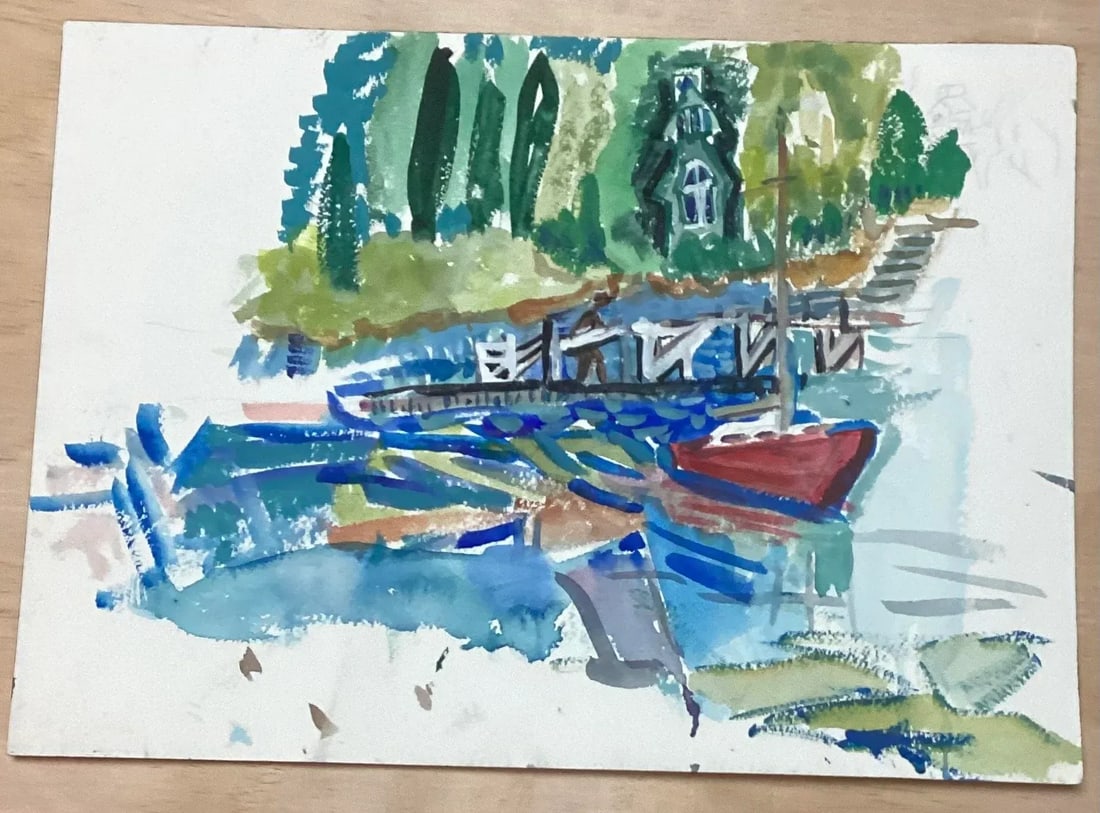 Mid 20th Century Landscape Painting Village Dock - 2