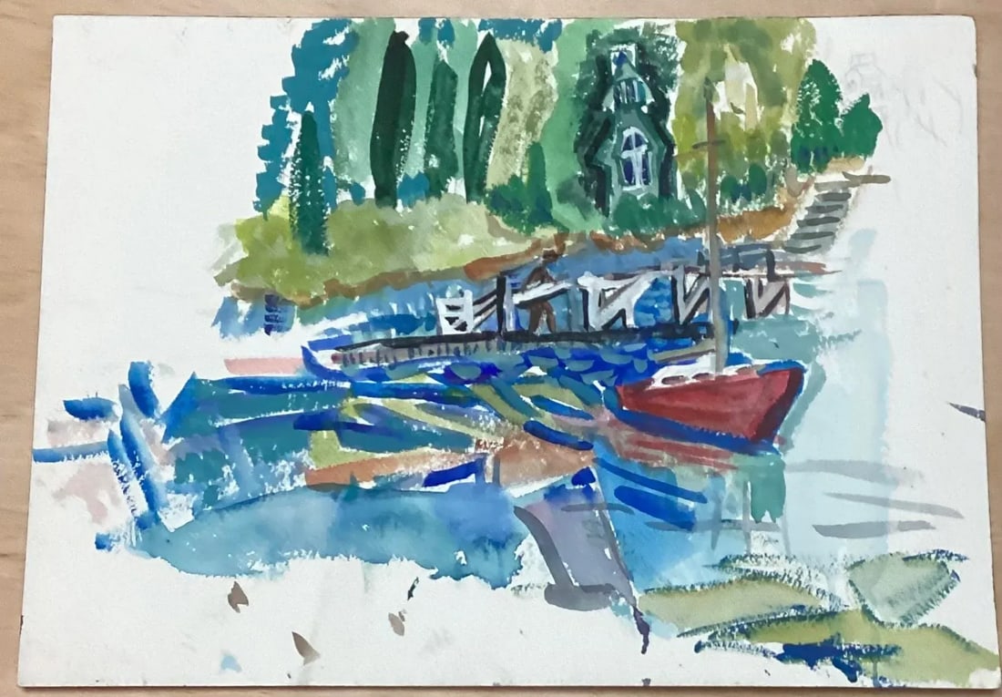 Mid 20th Century Landscape Painting Village Dock - 4