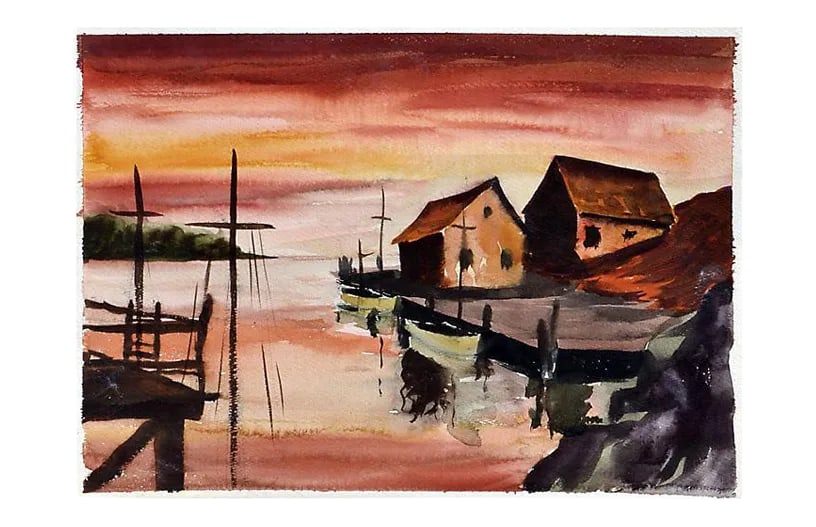 Red Sunset: Red sunset, a watercolor painting by an unknown artist. Unsigned and unframed. Image size, 11"H x 15"L. Condition: Alterations: Original Condition Unaltered Imperfections: Some Imperfections Condition