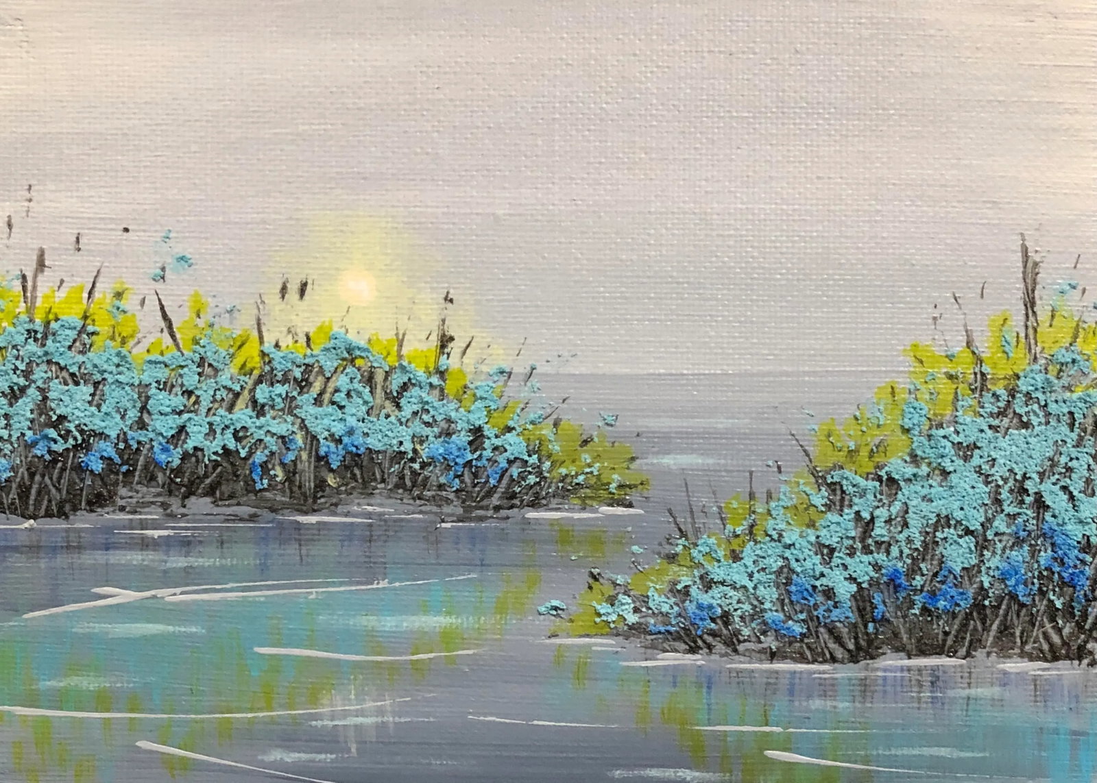 "Wanderings" Contemporary Original Impressionist Style Painting by Deb Bossert: This wonderful landscape painting is titled "Wanderings" and is size 5" x 7". This unique art depicts a landscape scene that you would dream of seeing on a visit to your favorite lake. The view has an